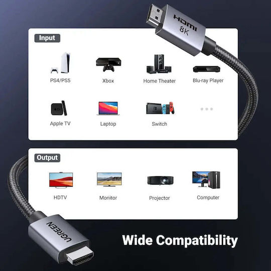 Ugreen Hd171 HDMI 2.1 Ultra High Speed 48Gbps 4K 120Hz HDR VRR Cable HDMI male - HDMI male 3m Γκρι