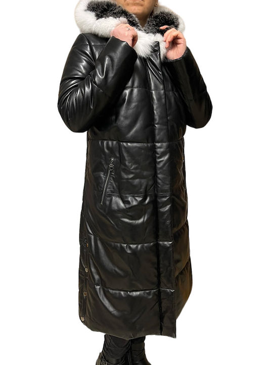 MARKOS LEATHER Women's Long Puffer Leather Jacket for Winter with Hood BLACK