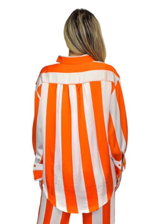 Morena Spain Women's Satin Striped Long Sleeve Shirt Orange