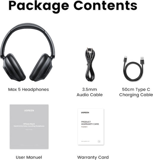 Ugreen HP202 HiTune Max5 Wireless / Wired Over Ear Headphones with 90 hours of Operation and Quick Charge Black