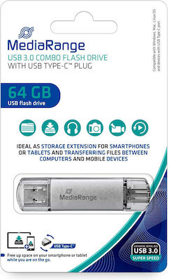 MediaRange 64GB USB 3.0 Stick cu conexiune USB-A & USB-C Argint