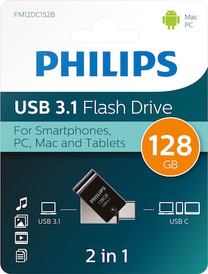 Philips 2-in-1 128GB USB 3.1 Stick mit Verbindung USB-C Schwarz