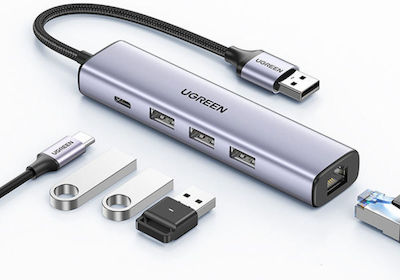 Ugreen USB 3.0 Hub 5 Θυρών με σύνδεση USB-A / Ethernet Γκρι