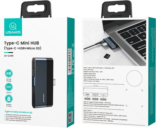 Usams USB 3.0 2-Port Hub with USB-C Connection Gray