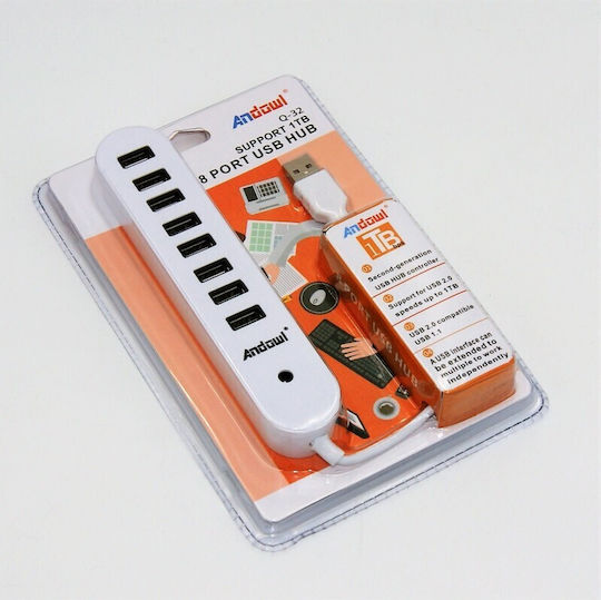 Andowl Q-32 USB 2.0 8 Port Hub with USB-A Connection & Charging Port White