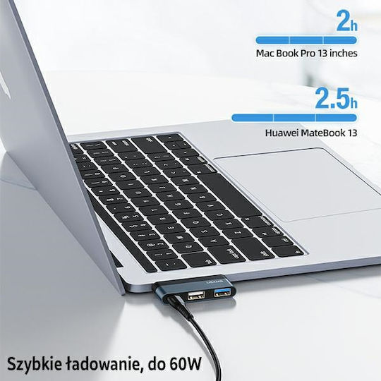 Usams USB 3.0 2-Port Hub with USB-C Connection Gray