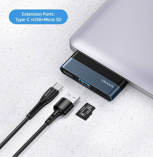 Usams USB 3.0 2 Port Hub with USB-C Connection Gray