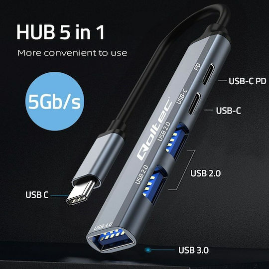 Qoltec Hub 10 Θυρών USB 2.0 με σύνδεση USB-C Γκρι
