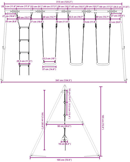 vidaXL Κούνια Κρεμαστή Μεταλλική 341x185x185εκ. Πολύχρωμη