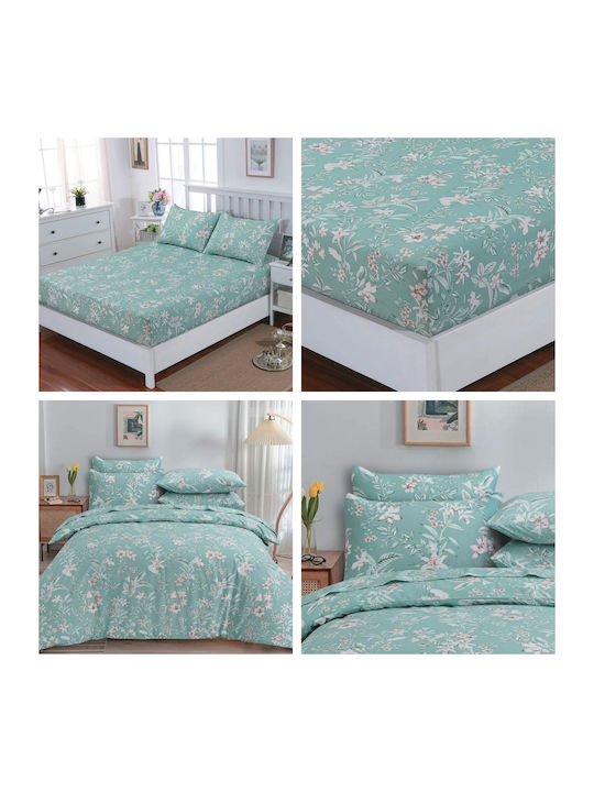 Casa Colori Sheet King Size with Elastic 180x200+30cm. Floral In Turquoise