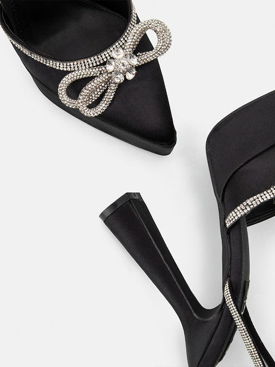 Women's satin pumps with rhinestone details in black - BLACK