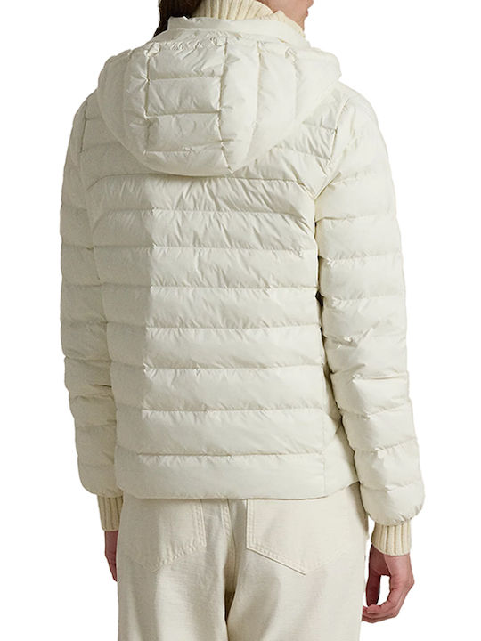 Women's Short Puffer Jacket Waterproof for Winter with Hood Off White