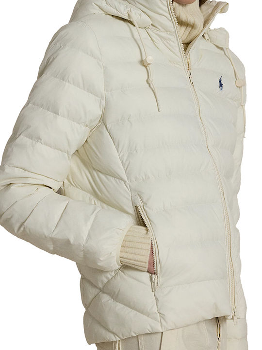 Women's Short Puffer Jacket Waterproof for Winter with Hood Off White