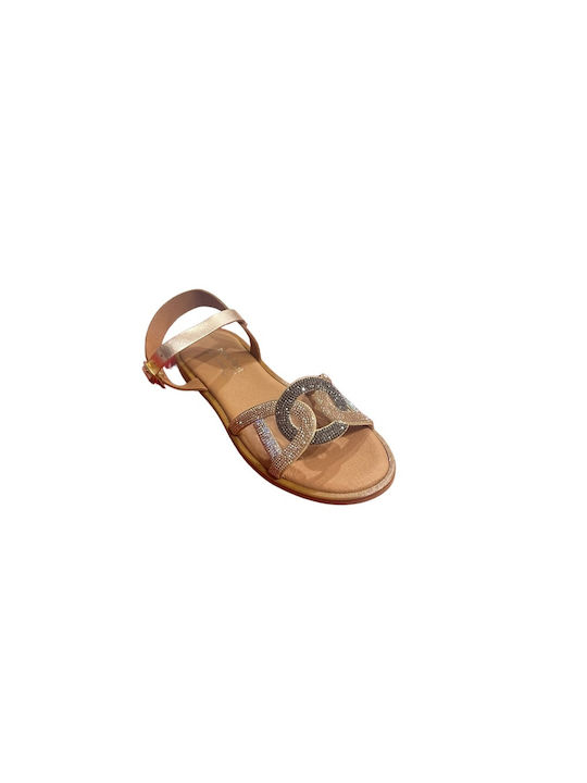 Sandale plate din piele pentru femei cu strasuri de bronz Bene-feet