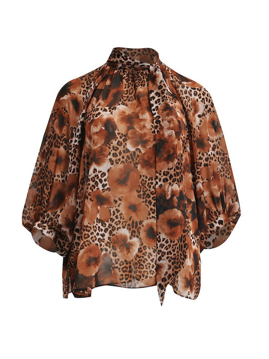 Mat Fashion Women's Blouse with Tie Neck Animal Print Brown