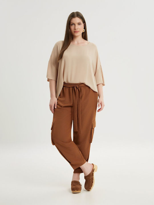 Mat Fashion Γυναικείο Κρεπ Cargo Παντελόνι με Λάστιχο Καφέ