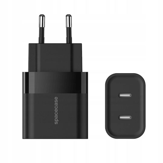 Spacecase Ladegerät ohne Kabel mit 2 USB-C Anschlüsse 20W Schwarzς (SC010B)