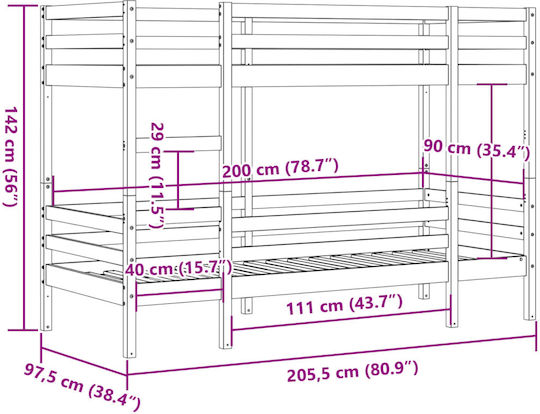 Holz Kinderbett Koje Einzeln Weiß für Matratze 90x200cm