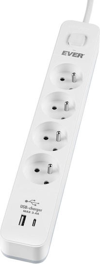 Ever Power Strip with Surge Protection 4 Positions with USB-A, USB-C and Cable 1.5m