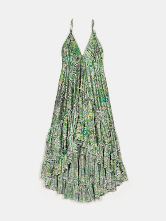 Midi Off-Shoulder Green Print Dress