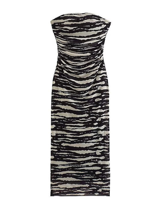 Midi Strapless Dress with Ruched Details Black and White