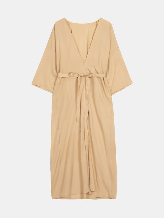 Damen Kimono in einfarbigem Beige mit Gürtel