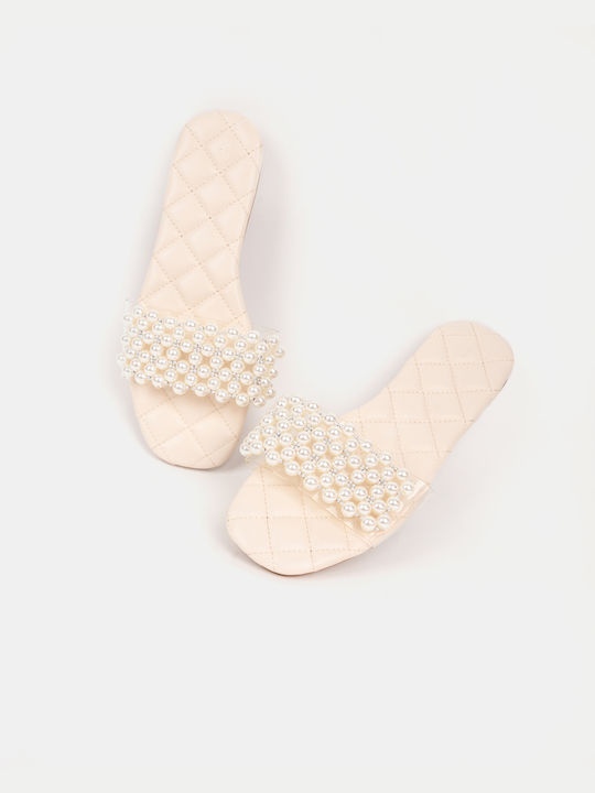 Flat Sandals with Decorative Pearls White