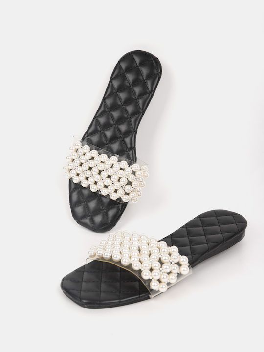 Flat Sandals with Decorative Pearls Black