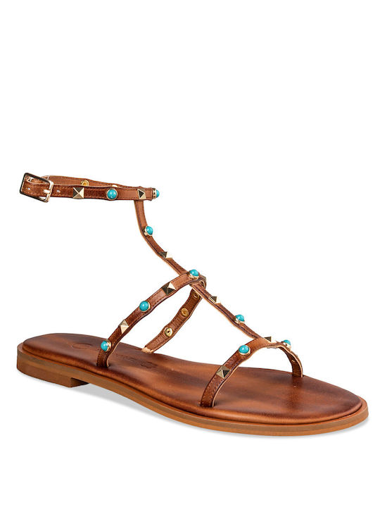 Envie Shoes Leather Women's Flat Sandals in Brown Color