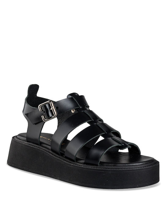 Envie Shoes Leather Women's Flat Sandals with Strap Flatforms in Black Color