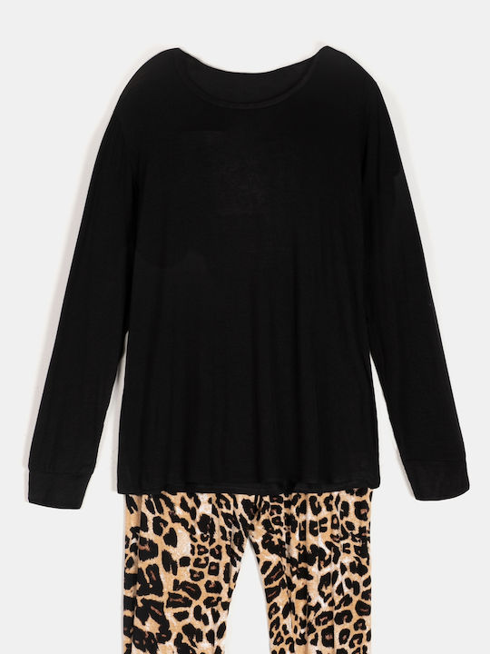 Schwarzes Pyjama-Set mit Leopardenmuster
