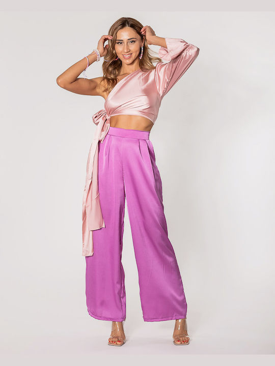 Rock Club Women's High-waisted Satin Trousers with Elastic Violet