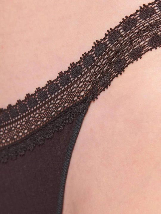 Go Ribbed H Tanga Βαμβακερά Femei Slip 2Pack cu Dantelă Negre