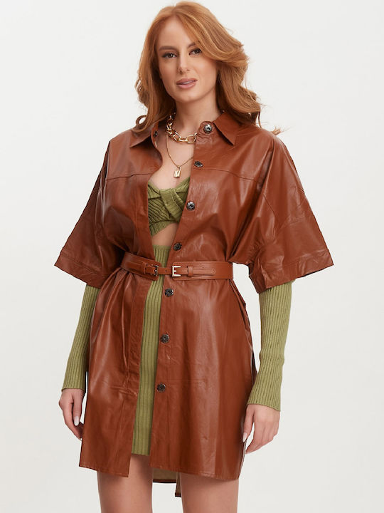Oversized Faux Leather Brown Shirt