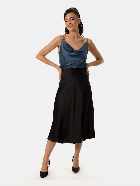 Black Satin Midi Flared Skirt