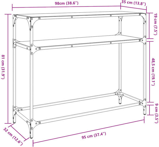 Console Table Metal with Glass Surface Transparent L98xW35xH81cm