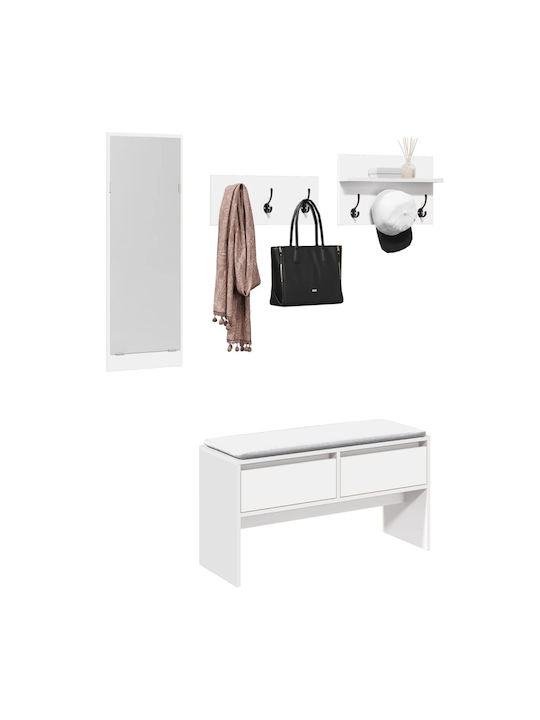 Mobilier de Intrare cu Oglindă / Cuier / Dulap pentru Pantofi & Bancă Alb 90x31x46.5cm
