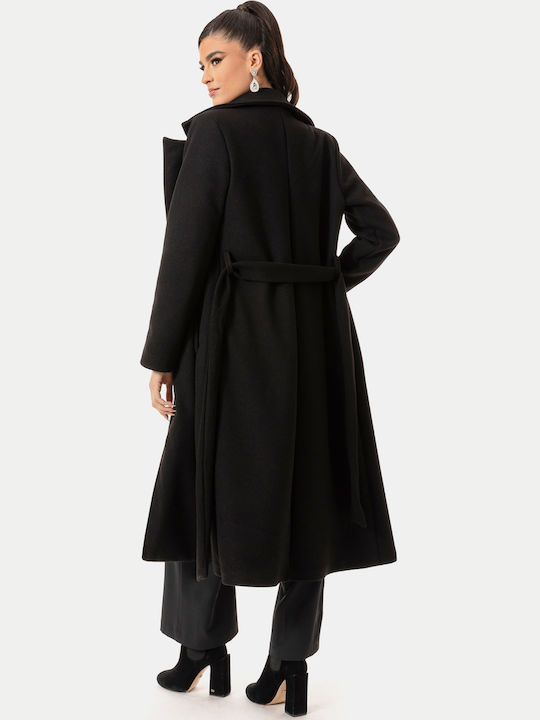 Langer Mantel mit Wollmischungsgürtel Schwarz Schwarz