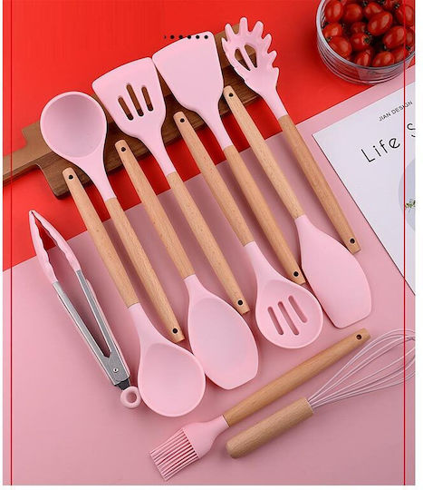 Cheffinger Cooking Utensil Set From Silicone With Stand 12 Pieces Pink
