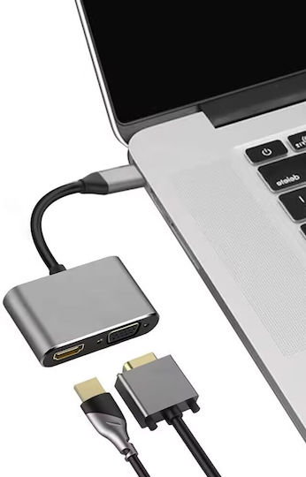 Convertor USB-C Masculin în HDMI / VGA 2x Femelă Gri 1 Bucată 17842