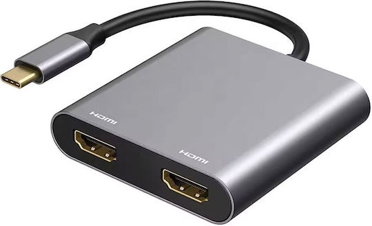 DeTech USB-C Male To HDMI 2x Female Gray 1 Piece