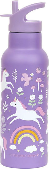 A Little Lovely Company Kids Water Bottle Thermos Unicorn Stainless Steel with Straw Non Spill Purple 500ml (Various Designs/Colours)