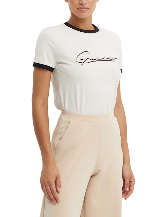 Guess Women's Athletic T-shirt Ecru- Black- Beige