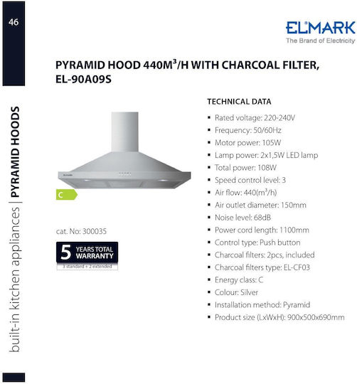 Elmark EL-90A09S Απορροφητήρας Καμινάδα 90cm Inox