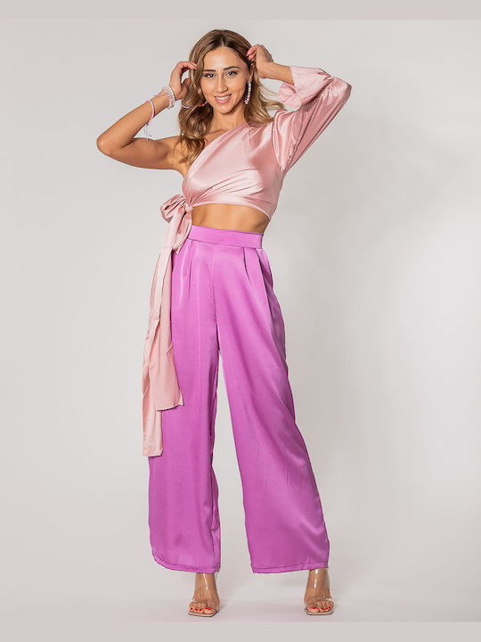 Rock Club Women's Blouse Satin with One Shoulder Pink