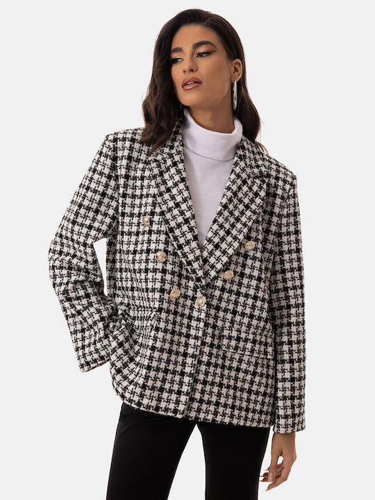 Silver Button Checkered Black and White Blazer