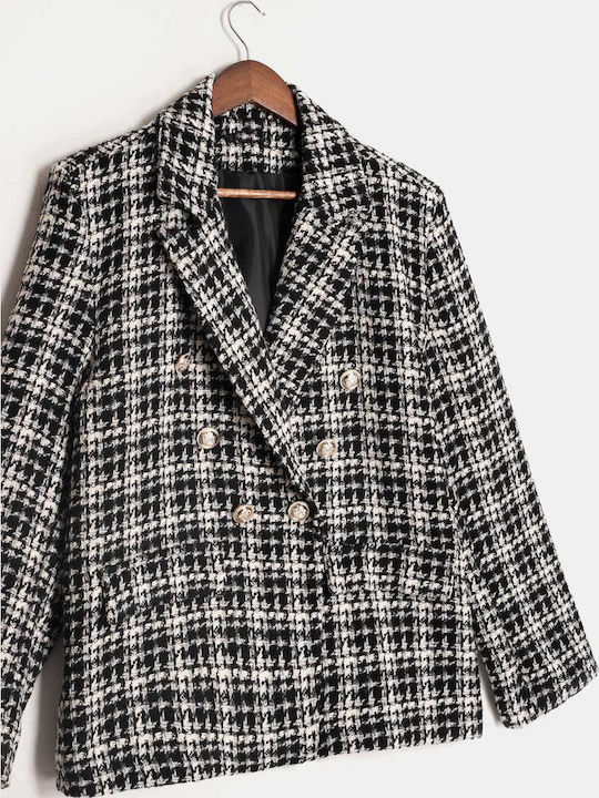 Black Plaid Blazer with Silver Buttons