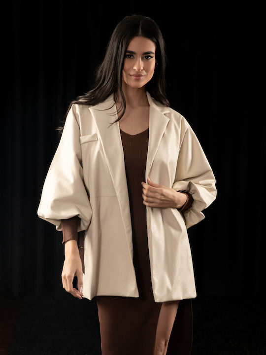 Σακάκι Δερματίνη Oversized Ζώνη Εκρού Μπεζ