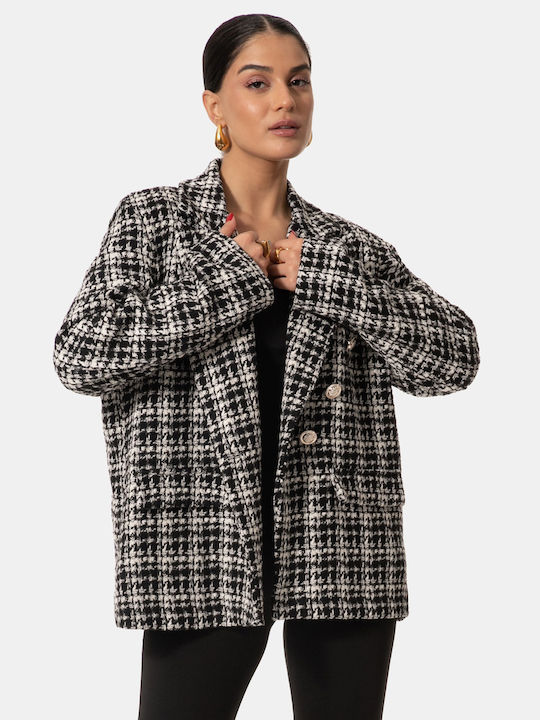 Black Plaid Blazer with Silver Buttons