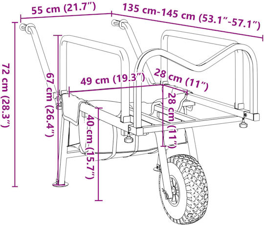 Fishing Trolley Wheels Green Steel Powder Coated 135-145 X 55 X 72 Cm
